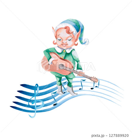 Christmas Elf Guitarist on a Musical Staff. Isolated Watercolor Illustration for Concert Tickets, Interior, Invitations, Poster Making, Greetings. 127889920