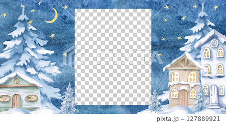 Rectangular frame of a winter fairy-tale town. Isolated watercolor illustration for the design of printed products, interior, invitations, posters, congratulations. 127889921