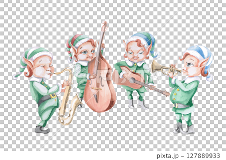 Jazz quartet of Christmas elves playing musical instruments. Isolated watercolor illustration for design of printed products, interior, invitations, posters, greetings. 127889933