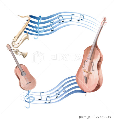 Frame with a musical staff and musical instruments. Isolated watercolor illustration for postcard design, interior, concert ticket printing, invitations, poster making. 127889935