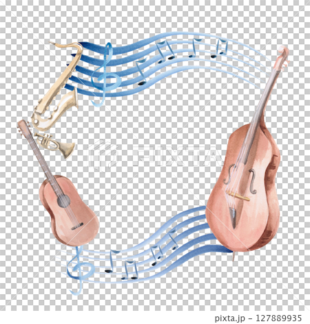 Frame with a musical staff and musical instruments. Isolated watercolor illustration for postcard design, interior, concert ticket printing, invitations, poster making. Frame with a musical staff and musical instruments. Isolated watercolor illustration for postcard design, interior, concert ticket printing, invitations, poster making. 127889935