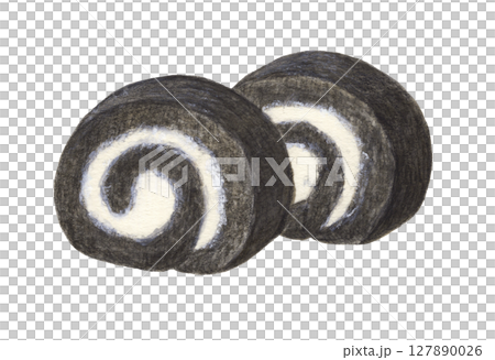 單色甜點（黑色捲蛋糕）水彩鉛筆插圖 127890026