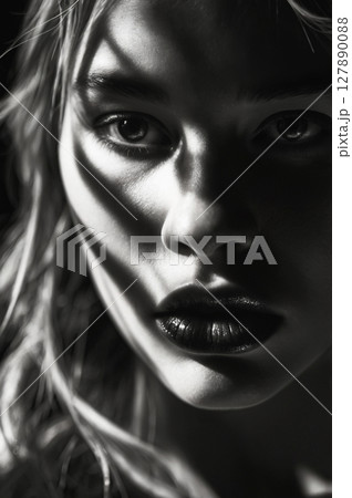 black and white portrait of beautiful young woman in shadow 127890088