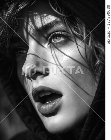Beautiful girl face. close-up black and white portrait 127890089