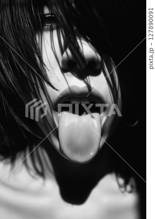 Open mouth young woman with Wet Hair. Black and white portrait 127890091