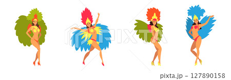 Brazilian Woman Samba Dancer in Bright Parade Feather Dress Vector Set Brazilian Woman Samba Dancer in Bright Parade Feather Dress Vector Set 127890158