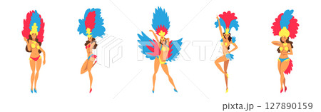 Brazilian Woman Samba Dancer in Bright Parade Feather Dress Vector Set Brazilian Woman Samba Dancer in Bright Parade Feather Dress Vector Set 127890159