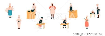 Man and Woman Chef Character in Uniform Cooking Vector Set 127890182