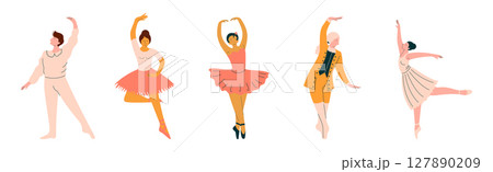Man and Woman Ballerina Dancing and Performing on Stage Vector Set 127890209