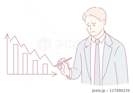 A businessman is carefully analyzing the noticeable downward trend observed in the stock market 127890239