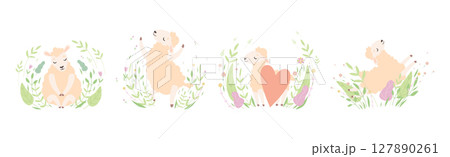 Cute Sheep or Lamb in Foliage or Grass Vector Set Cute Sheep or Lamb in Foliage or Grass Vector Set 127890261