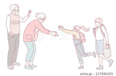 A heartwarming family reunion with multiple generations joyfully embracing each other 127890291