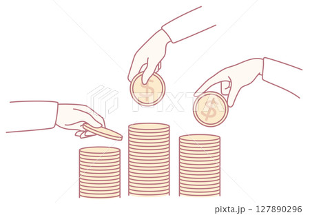 Coin Investment Growth Concept showcasing Hands and Stacks of coins and currency bills 127890296