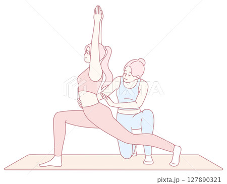 A dedicated Yoga Instructor is assisting a student in their practice of the Warrior Pose A dedicated Yoga Instructor is assisting a student in their practice of the Warrior Pose 127890321