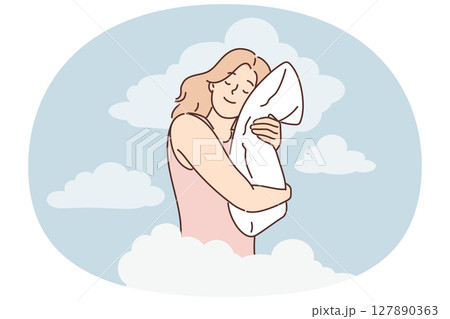 Joyful woman is sleeping and hugging pillow being among clouds symbolizing calmness and night dreams Joyful woman is sleeping and hugging pillow being among clouds symbolizing calmness and night dreams 127890363