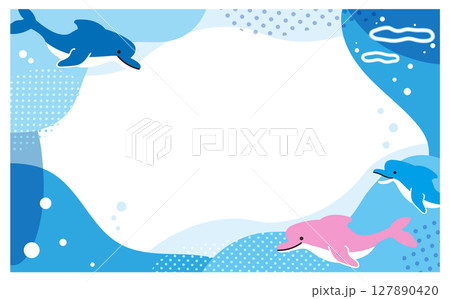 かわいいイルカの海イラストフレーム素材 127890420