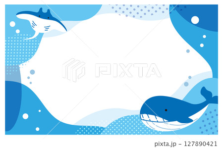 くじらとマンタの海イラストフレーム背景素材 127890421