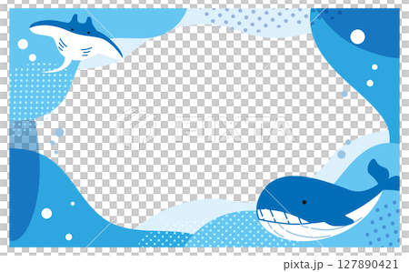くじらとマンタの海イラストフレーム背景素材 127890421