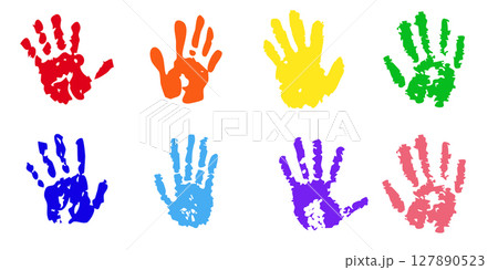 Hand rainbow print, color paint stain, handprint set. Happy childhood artistic kids stamp collection. Abstract handprint, vibrant paint splashes. Creative symbols children art Hand rainbow print, color paint stain, handprint set. Happy childhood artistic kids stamp collection. Abstract handprint, vibrant paint splashes. Creative symbols children art 127890523