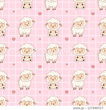 Seamless pattern with Cute Sheep on gently pink checkered background. Happy Cartoon Funny kawaii Farm Animal character. Vector illustration. Kids collection 127890527