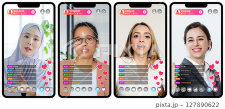 多国籍女性ライバーのライブ配信のスマホアプリ画面インターフェース 127890622