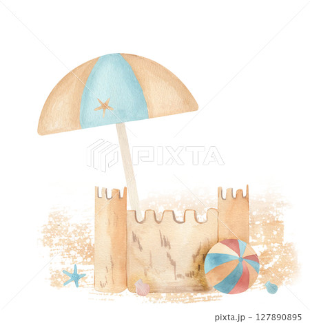 Watercolor beach scene with a sandcastle, beach umbrella, beach ball, starfish, and seashells on sandy texture. Ideal for kids decor, summer invites, scrapbooking, and holiday themed designs 127890895
