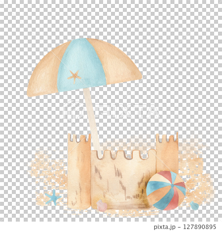 Watercolor beach scene with a sandcastle, beach umbrella, beach ball, starfish, and seashells on sandy texture. Ideal for kids decor, summer invites, scrapbooking, and holiday themed designs 127890895