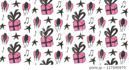 Birthday girly party crayon seamless pattern. Festive doodle gift, stars and balloons endless background. Hand drawn music note kids black and pink continuous cover. Vector hand drawn illustration 127890970