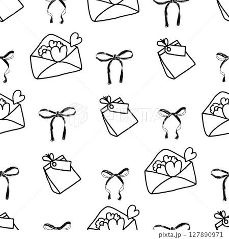 Coquette party crayon seamless pattern. Gift envelope and ribbons endless background. Girly festive black and white repeat cover. Surface pattern birthday motif. Vector hand drawn illustration 127890971