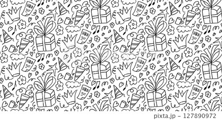 Birthday party doodle seamless pattern. Festive doodle endless background. Hand drawn kids black and white repeat cover. Bday continuous ornament. Vector hand drawn flat illustration 127890972