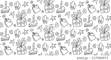 Birthday party marker scribble seamless pattern. Festive doodle endless background. Hand drawn kids black and white repeat cover. Surface pattern design b-day motif. Vector hand drawn illustration Birthday party marker scribble seamless pattern. Festive doodle endless background. Hand drawn kids black and white repeat cover. Surface pattern design b-day motif. Vector hand drawn illustration 127890973