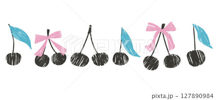 Cherry crayon textured set. Coquette berries with bows and leaves doodle isolated on white background. Fruits shapes grunge elements. Vector kid naive illustration by pencil Cherry crayon textured set. Coquette berries with bows and leaves doodle isolated on white background. Fruits shapes grunge elements. Vector kid naive illustration by pencil 127890984