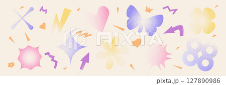 Geometric figures with grain noise gradient. Y2k retro stippling forms set. Butterfly, heart and star flower icons isolated on white background. Vector gritty diffused gradation shapes illustration 127890986