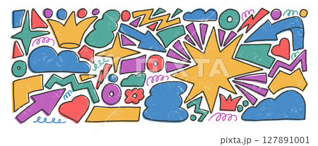 Abstract geometric shapes crayon drawn set. Clouds, crown, arrows and vector figures by pencil. Colorful playful stickers doodle isolated on white background. Graphic hand drawn funky elements Abstract geometric shapes crayon drawn set. Clouds, crown, arrows and vector figures by pencil. Colorful playful stickers doodle isolated on white background. Graphic hand drawn funky elements 127891001