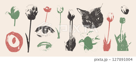 Photocopy tulip and narcissus flowers collage set. Cutout human eyes, cat and floral elements design. Pieces of retro wildflowers and cats head. Vector retro illustration on beige background 127891004