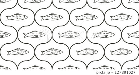 Crayon fish ogee seamless pattern. Sardines hand drawn endless background. Nautical damask repeat cover. Sea continuous ornament. Surface pattern monochrome water motif. Vector simple illustration 127891027