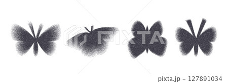 Grain black noise grunge gradient butterflies figures shape. Y2k stippling forms set. Halftone dotworks icons. Retro spray effect flying gradation with gritty texture. Vector illustration 127891034