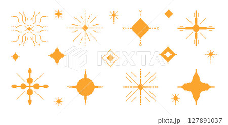 Pixel art stars. 8 bit sparkles set. Magic firework silhouette icons in retro 90s style. shine glitter decoration. Vintage party golden elements isolated on white background. Vector illustration 127891037