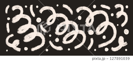 Graffiti art spray scribble wavy shapes. Squiggle hand drawn confetti set. Vector urban grunge brush strokes lines. Curve and swirls vector chalk elements. Curly ink brush spirals 127891039