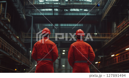 Industrial Workers in Red Hard Hats and Coveralls in Factory 127891494