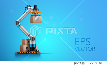 Robot hand or robotic arm sorts the cardboard boxes with products on factory warehouse. Logistics, automation industry concept. Box packages on pallet on storage. Robot palletizer realistic vector. 127891810