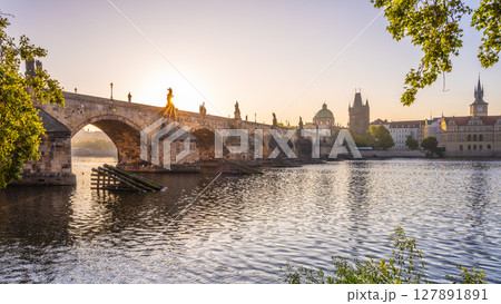 Early morning sun casts a golden glow on the historic Charles Bridge in Prague, reflecting beautifully on the Vltava River, while trees frame the serene waterfront. 127891891