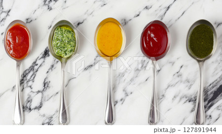 Various Sauces on Spoons 127891944