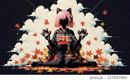 Sitting Anime Cat Girl in Kimono with Autumn Leaves 127891969