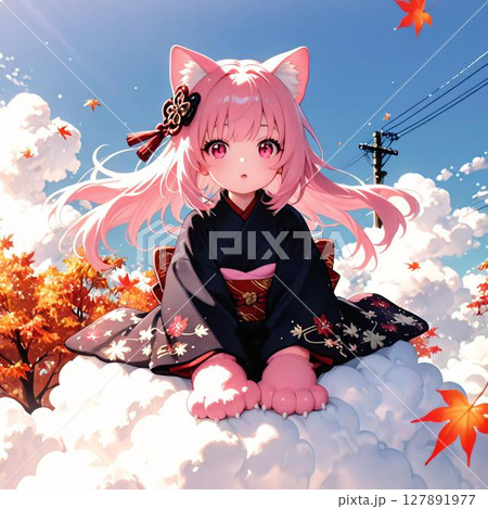 Sweet Anime Girl in Black Kimono on Cloud 127891977