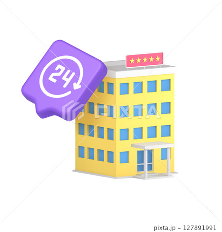 3d Realistic Icon Of Modern Yellow Hotel Building With Stars And 24 Hour Service Button 127891991