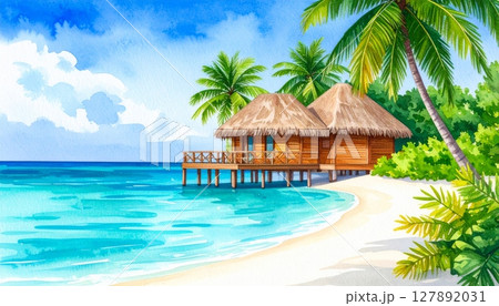 Tropical island paradise: white sand beach, turquoise sea, and palm trees under a summer sky, perfect for a relaxing vacation 127892031