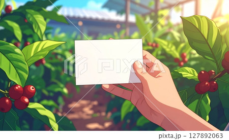 hand holding a blank paper card with a green flower, ready for your custom message or advertisement hand holding a blank paper card with a green flower, ready for your custom message or advertisement 127892063