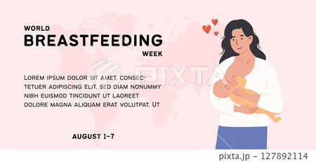 Mother breastfeeding baby to celebrate World Breastfeeding Week. Educational banner template for lactation awareness and maternal health support. Flat Style Vector Illustration. 127892114