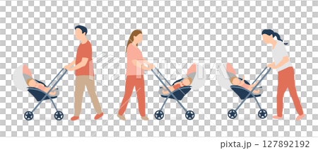 Set of three moms and dads pushing a stroller (childcare, going out, parenting illustration) 127892192
